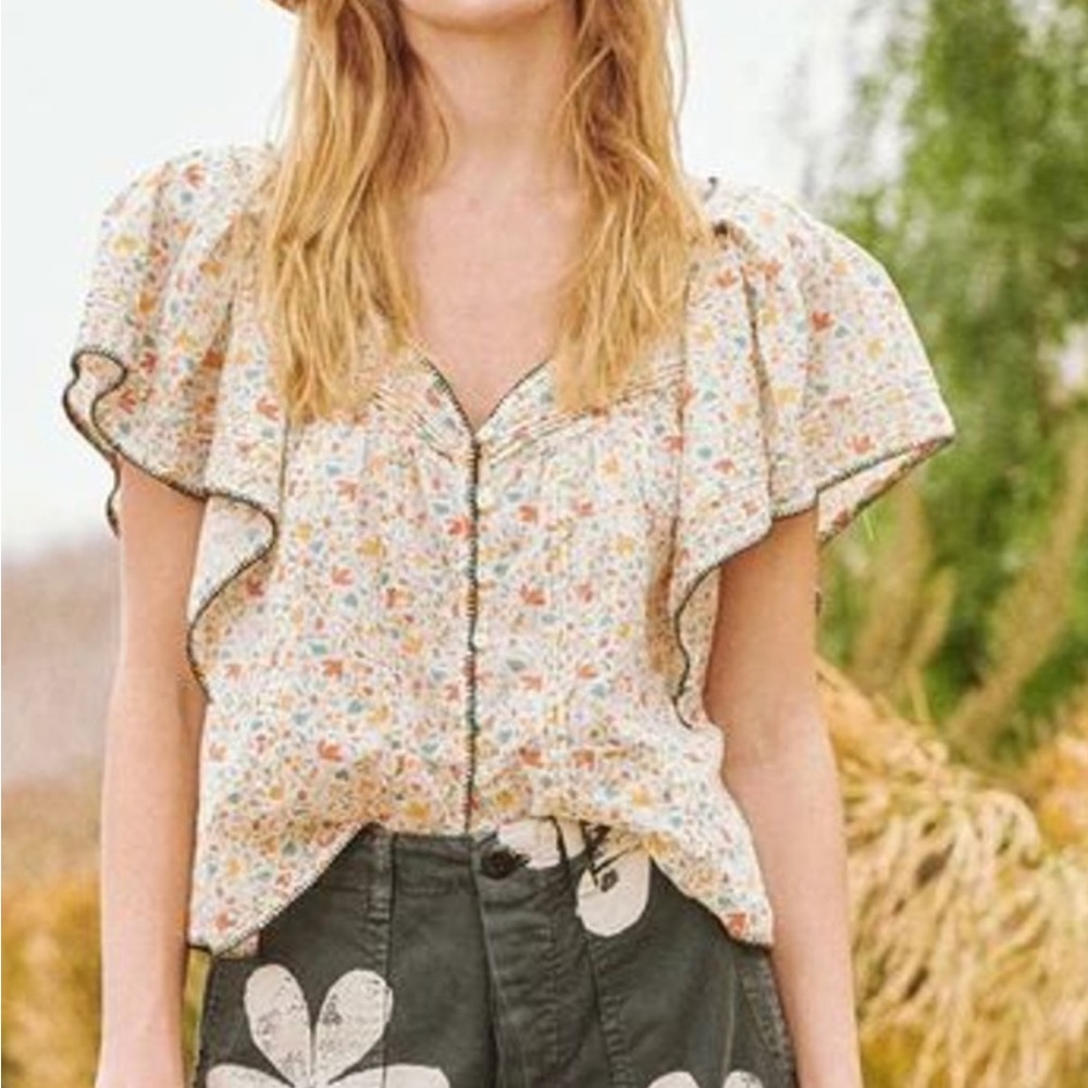 THE GREAT. The Whip Stitched Flounce Top. Pastel Floral size 0. 🧡